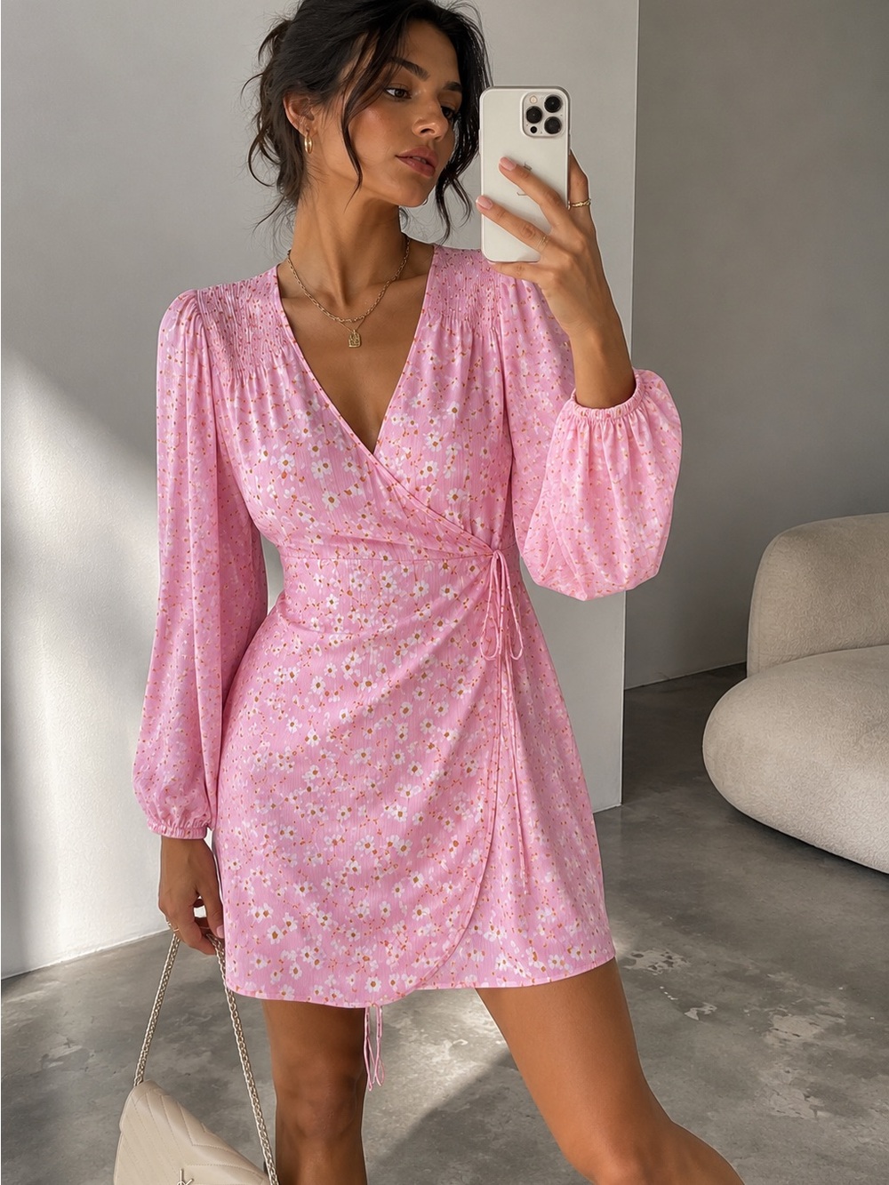 Billabong Wrap Dress Pink Floral Viscose‎ Daisy Long Sleeve Large Boho Mini